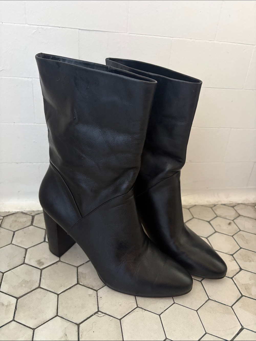 No. 6 Black Leather Mid-Calf Chunky Heel Boots - Picture 9 of 10